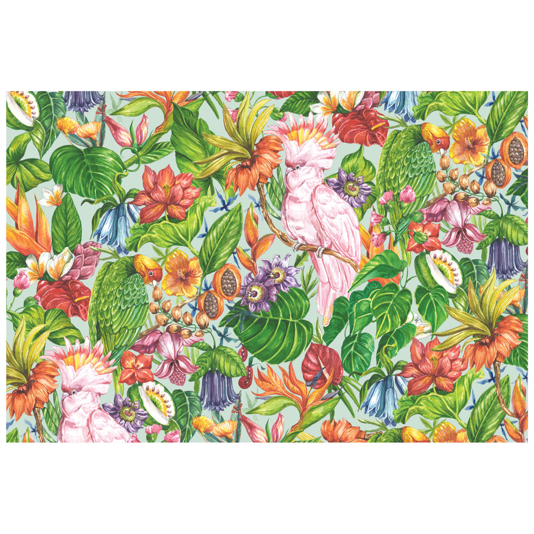 A vibrant Birds of Paradise paper placemat featuring a green, orange, pink, purple and blue floral pattern with a striking pink cockatoo. 