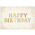 Large, sans-serif "HAPPY BIRTHDAY" in blue, yellow, pink, red, purple and green letters with a gold drop shadow, surrounded by a scatter of colorful confetti and sprinkles, on a cream background.