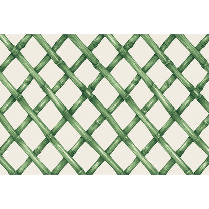 A diagonal woven bamboo pattern in deep green on a white background.