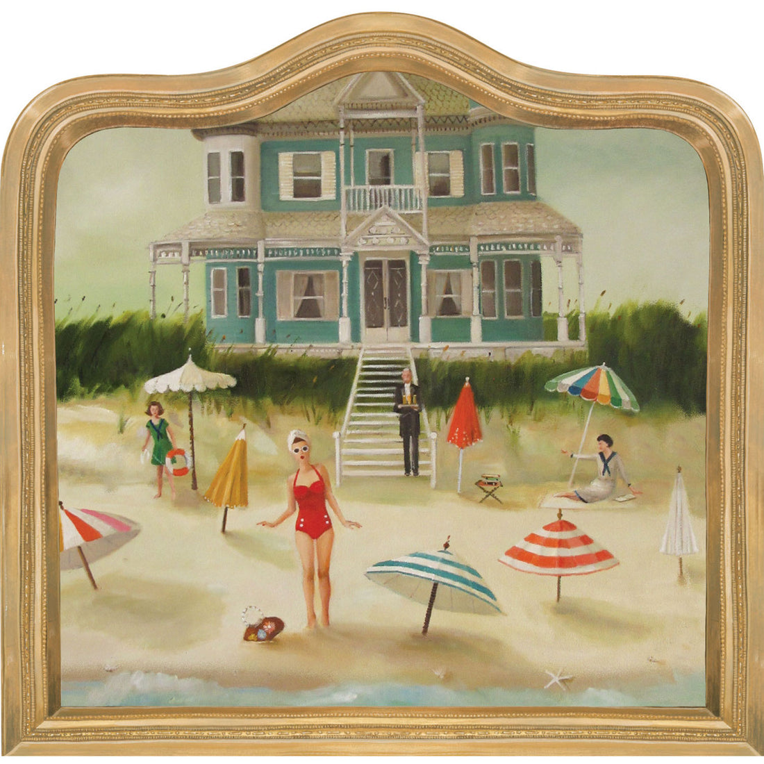 A painterly illustration of a vintage beach scene featuring a beach house, umbrellas in the sand, women in bathing suits, and a butler with a tray of refreshments, contained in a square brass frame with a curved top edge.