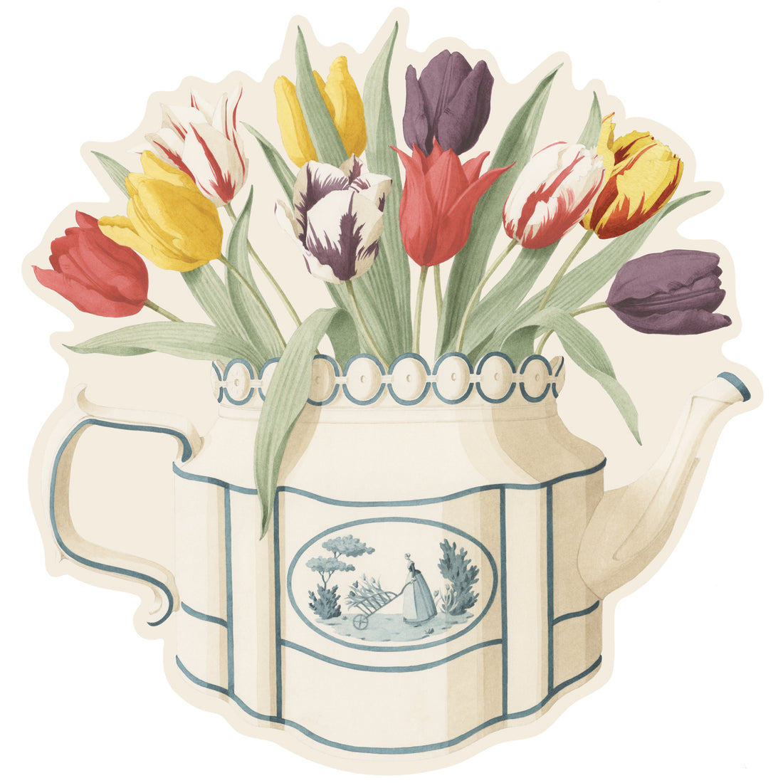 A die-cut illustration of a vintage, blue and white porcelain teapot full of vibrant tulip blooms in yellow, red and purple with green leaves.