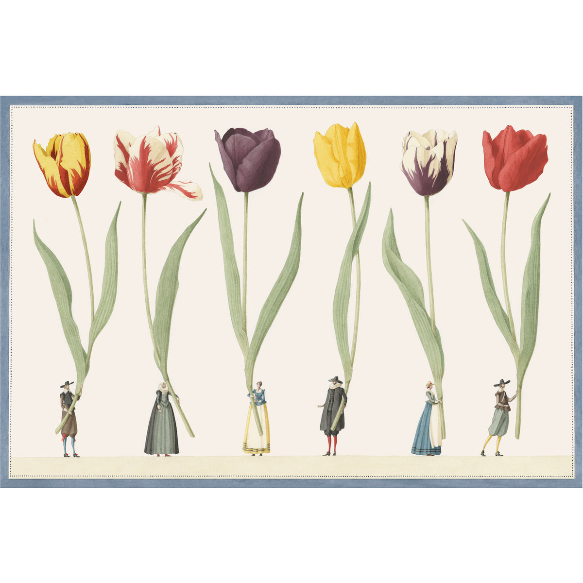 An illustration, contained by a medium blue border lined with dots, of six small people in traditional clothing holding large multi-colored tulips up by the stems, on a white background.