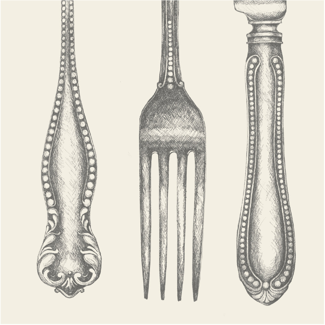 A square, cream cocktail napkin featuring grayscale pencil artwork of three pieces of silverware in a row: the handle of a spoon, the head of a fork, and the handle of a knife.