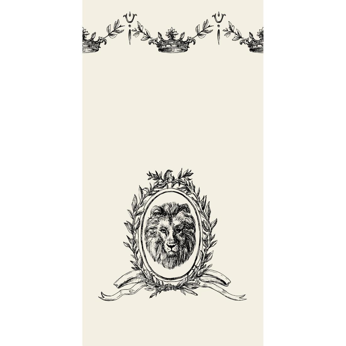 A white, rectangle guest napkin featuring black linework of a majestic lion head in an ornate oval frame, and a crown embellishment across the top.
