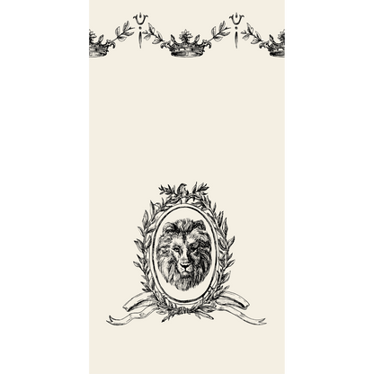 A white, rectangle guest napkin featuring black linework of a majestic lion head in an ornate oval frame, and a crown embellishment across the top.
