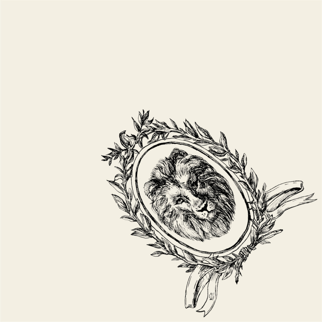 A white, square cocktail napkin featuring black linework of a majestic lion head in an ornate oval frame oriented in the lower right corner.