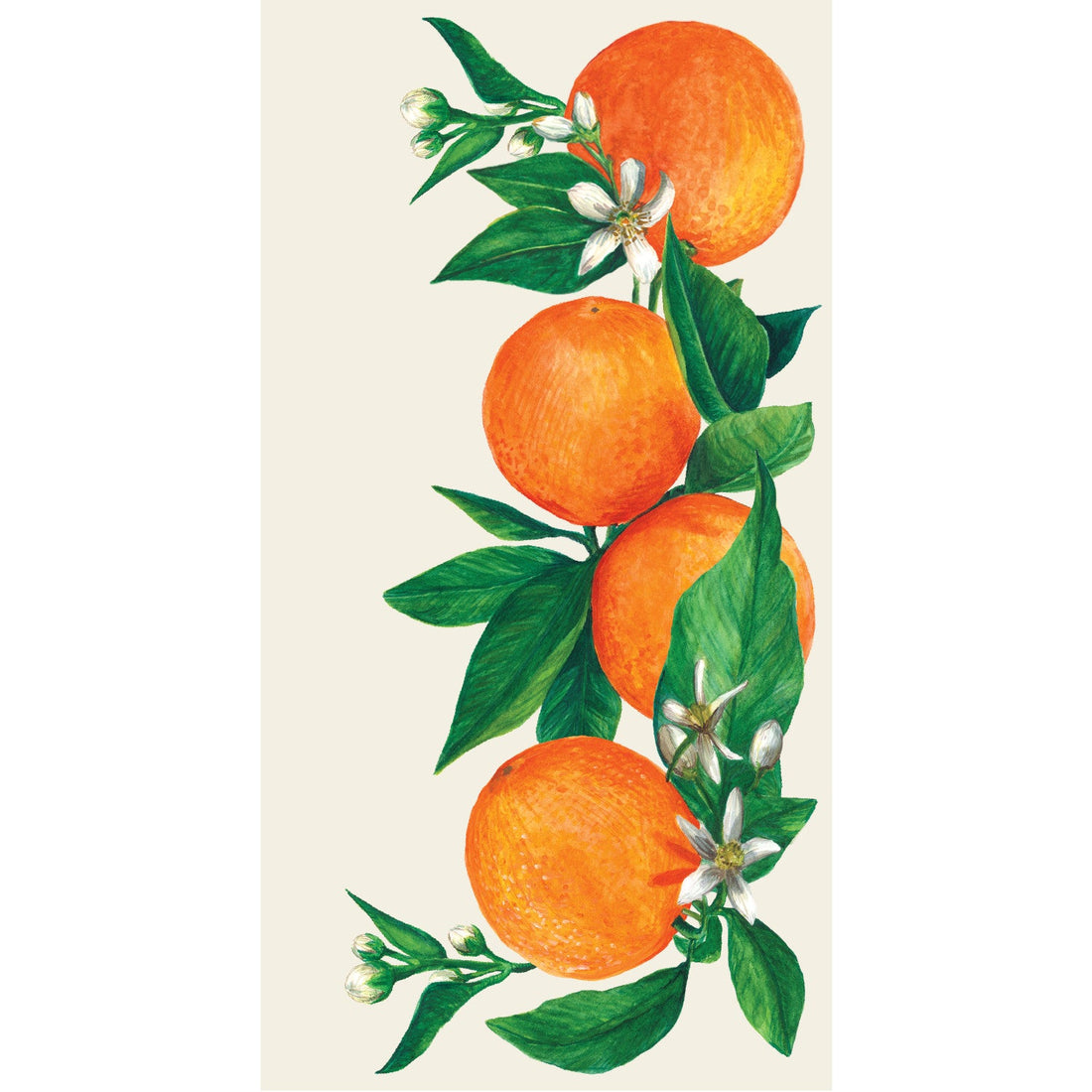 A rectangle guest napkin featuring vibrant illustrated oranges with green leaves and white blossoms on a white background.