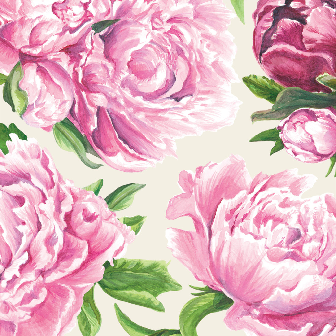A square cocktail napkin featuring a  scatter of illustrated pink peony blooms with green foliage on a cream background.