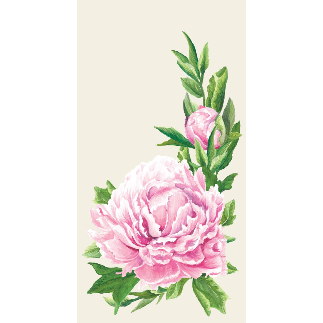 A cream, rectangle guest napkin featuring a large pink peony blossom with green leaves centered in the bottom half, with a stem of leaves and a peony bud extending up the right side.