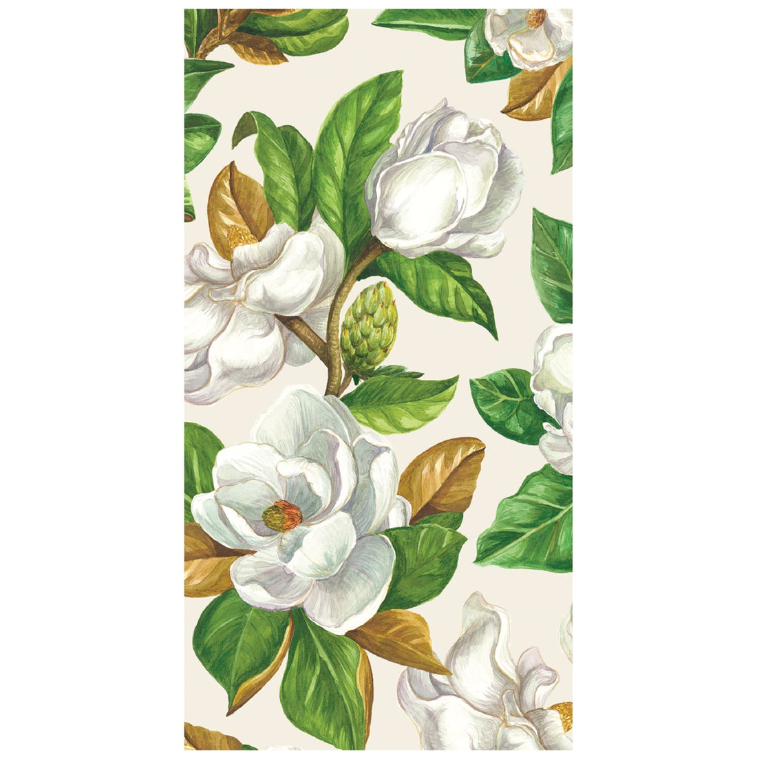 A rectangle guest napkin featuring illustrated white magnolia blossoms with brown and green leaves and stems, on a white background.