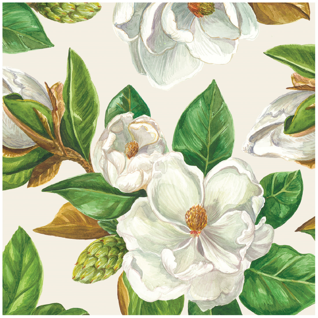 A square cocktail napkin featuring illustrated white magnolia blossoms with brown and green leaves and stems, on a white background.