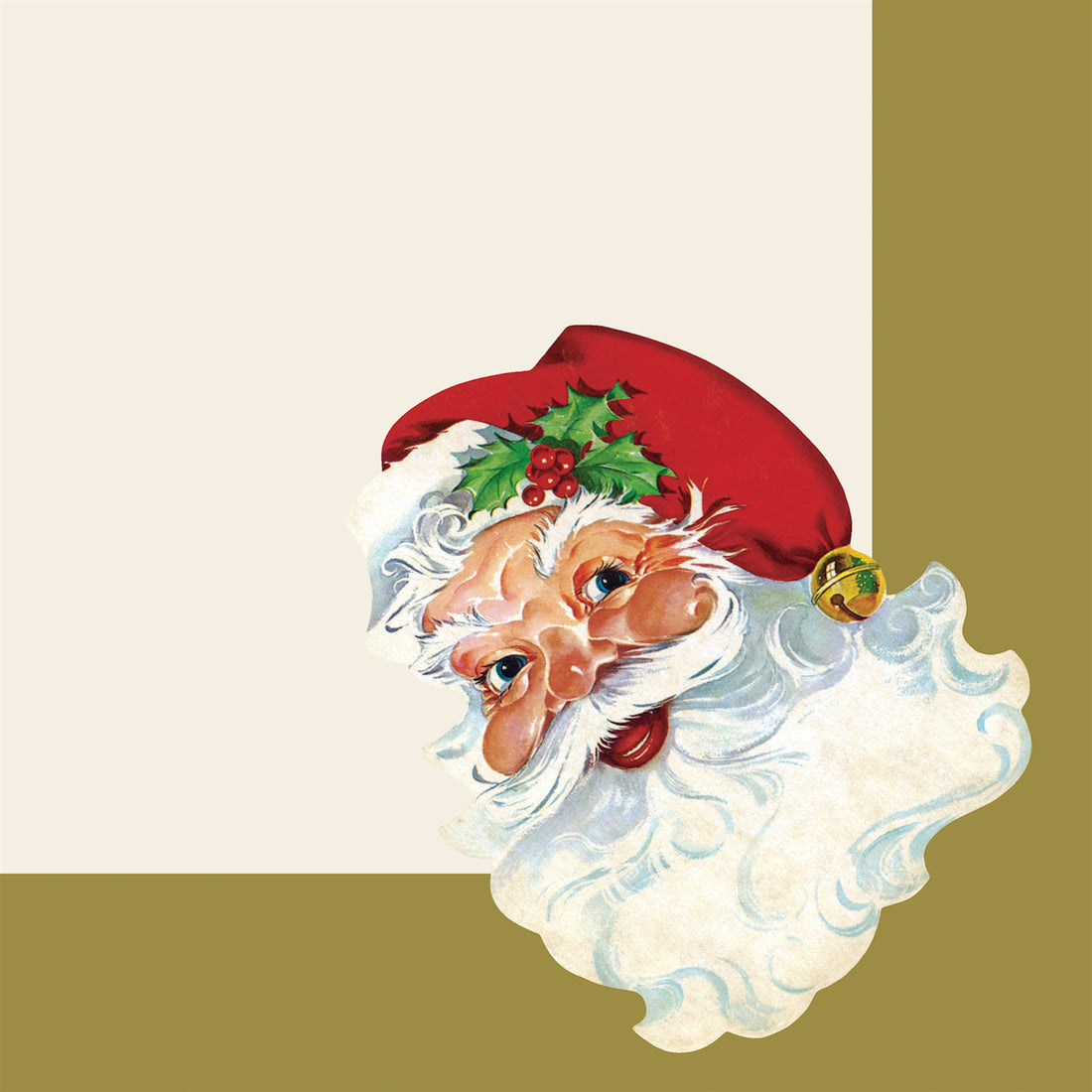 A square, cream cocktail napkin with gold right and bottom edges, featuring a vintage-style illustration of Santa Clause&