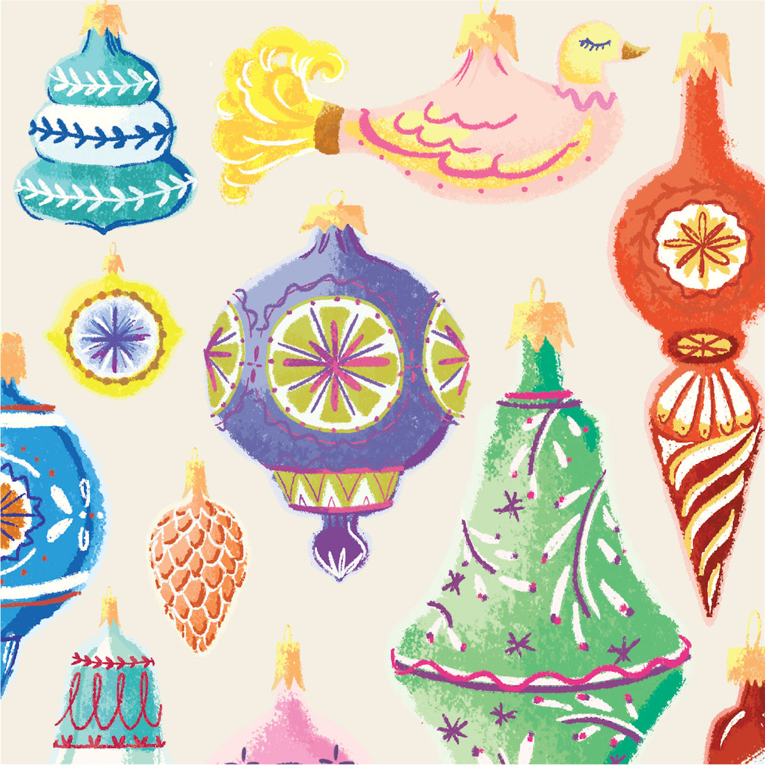 A square cocktail napkin featuring whimsical illustrations of colorful vintage Christmas ornaments on a cream background.