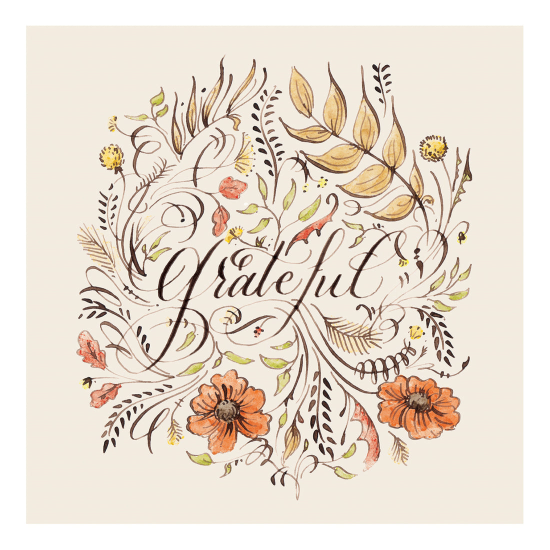 A square cocktail napkin featuring beautiful calligraphy reading &quot;grateful&quot; in deep brown, surrounded by brown, orange and yellow florals and filigree, on a white background.