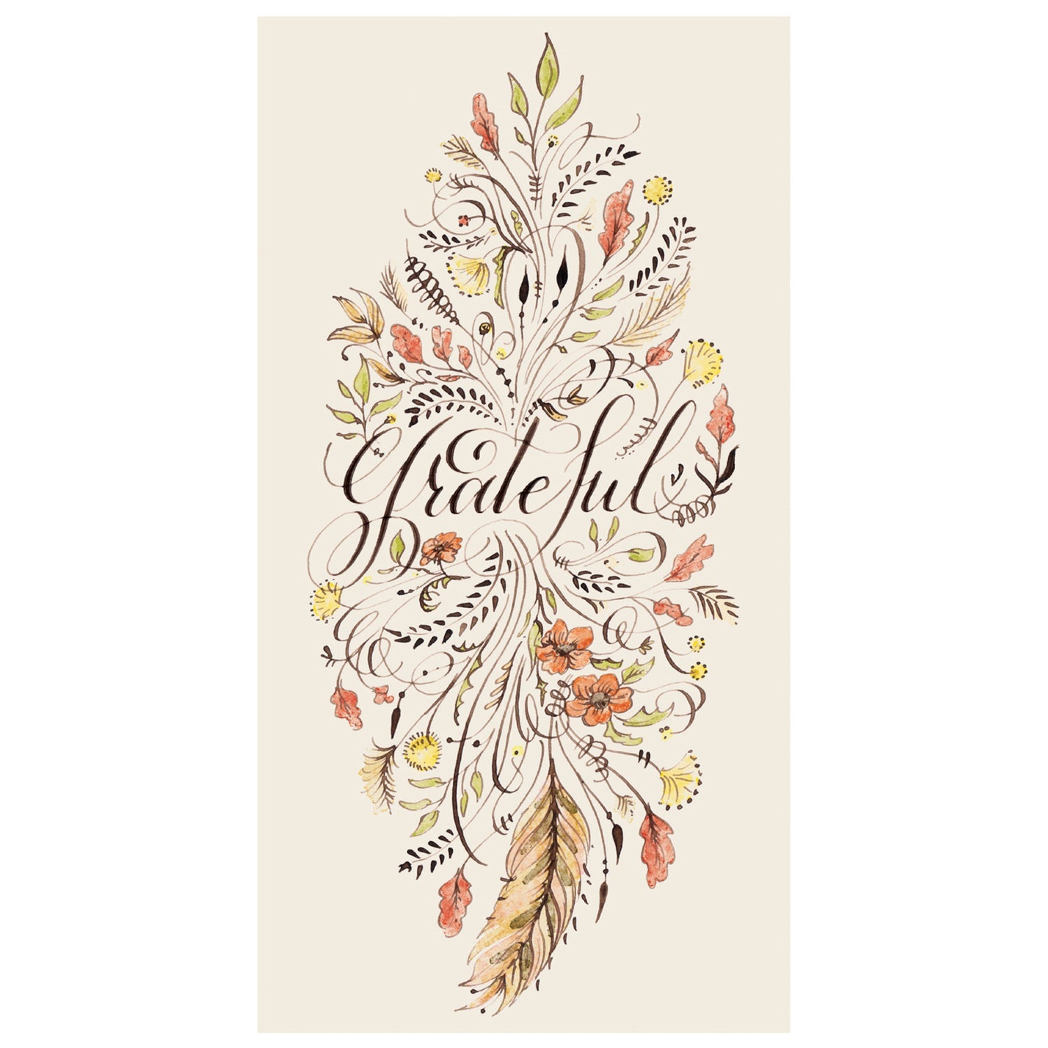 A rectangle guest napkin featuring beautiful calligraphy reading "grateful" in deep brown, surrounded by brown, orange and yellow florals and filigree, on a white background.