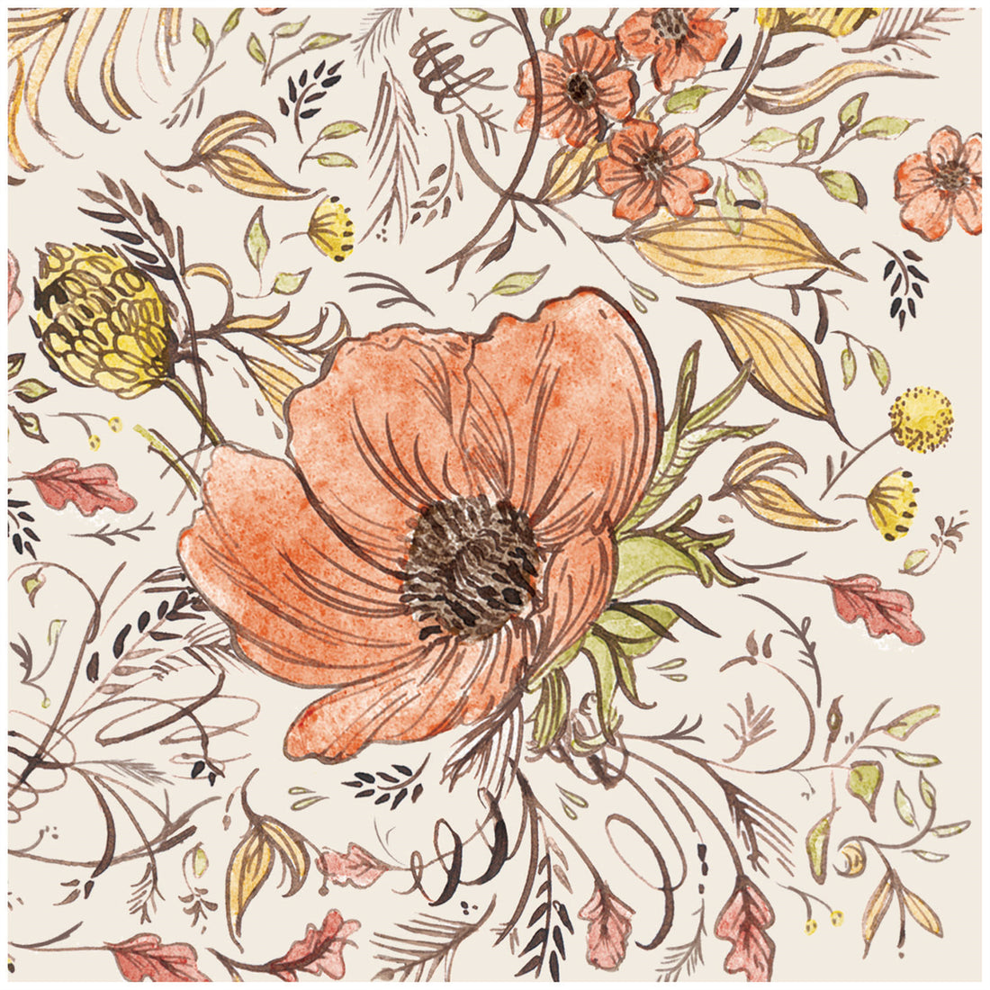 Edge-to-edge botanical design featuring large and small orange flowers, small orange and yellow leaves and seed pods, with painterly flourishes on a white background, on a square cocktail napkin.