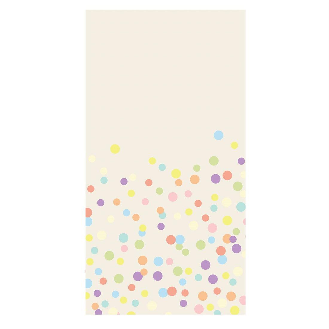 A rectangle, cream guest napkin with a scatter of multicolor confetti dots, concentrated toward the bottom with none at the top.