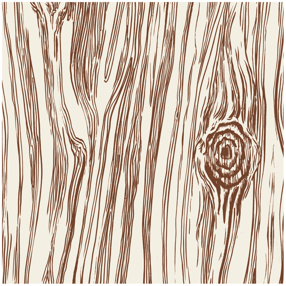 A square cocktail napkin featuring illustrated wood grain line art in brown over a white background.
