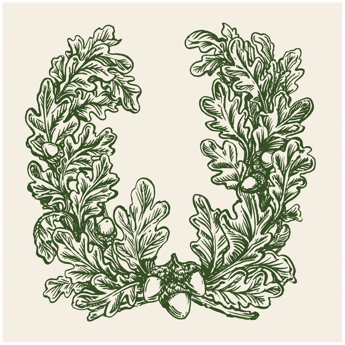 A square, white cocktail napkin featuring a dark green engraving-style illustration of two leafy oak branches with acorns, crossed at the bottom and arching into an open wreath.