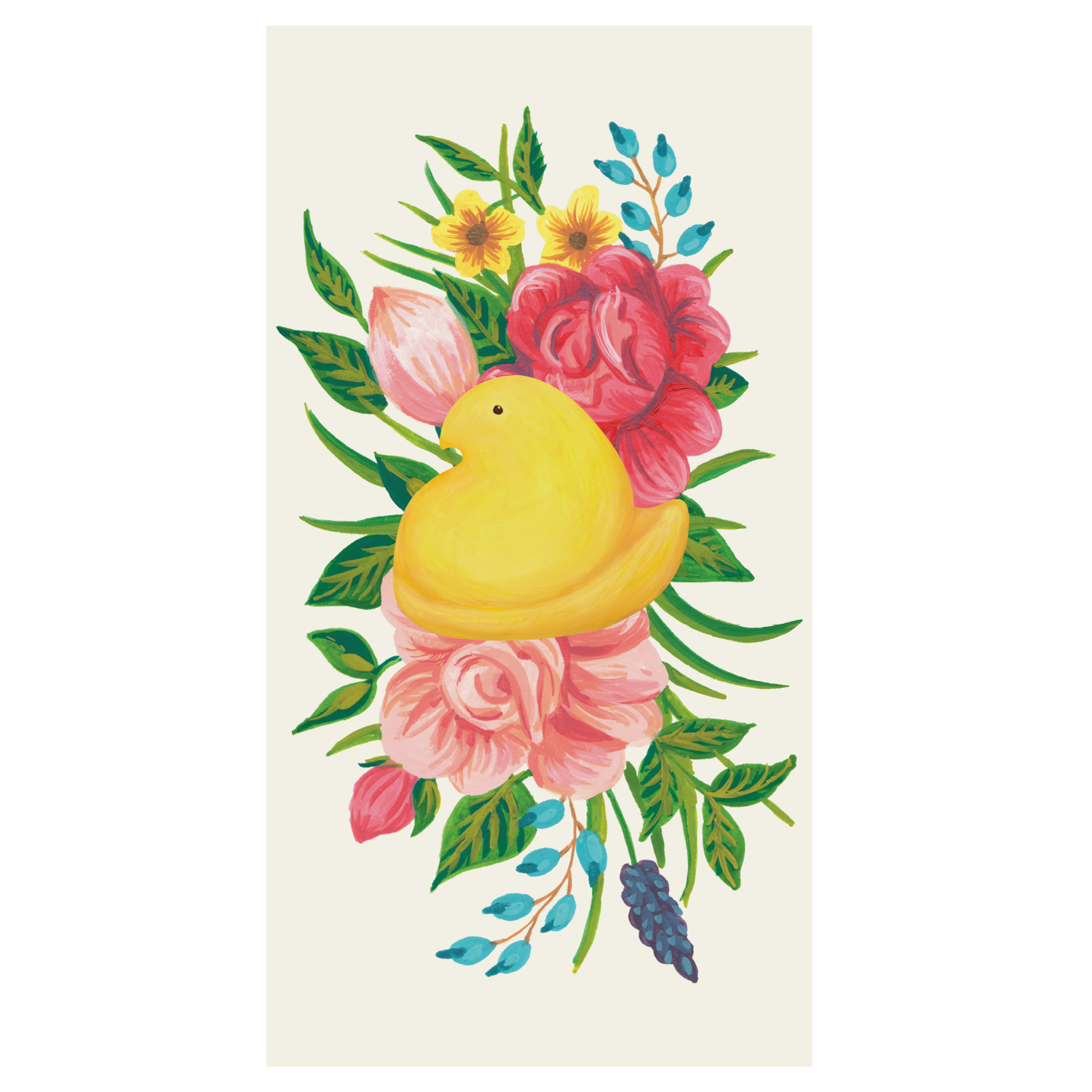A rectangle guest napkin featuring a yellow PEEPS® chick nestled with pink flowers and green leaves on a white background.