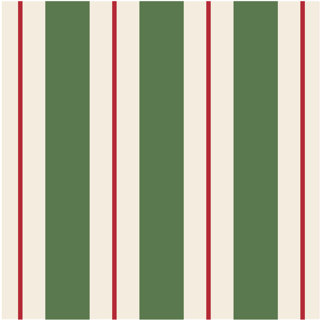A square cocktail napkin featuring vertical dark green and white stripes, with a thin red line centered in each white stripe.