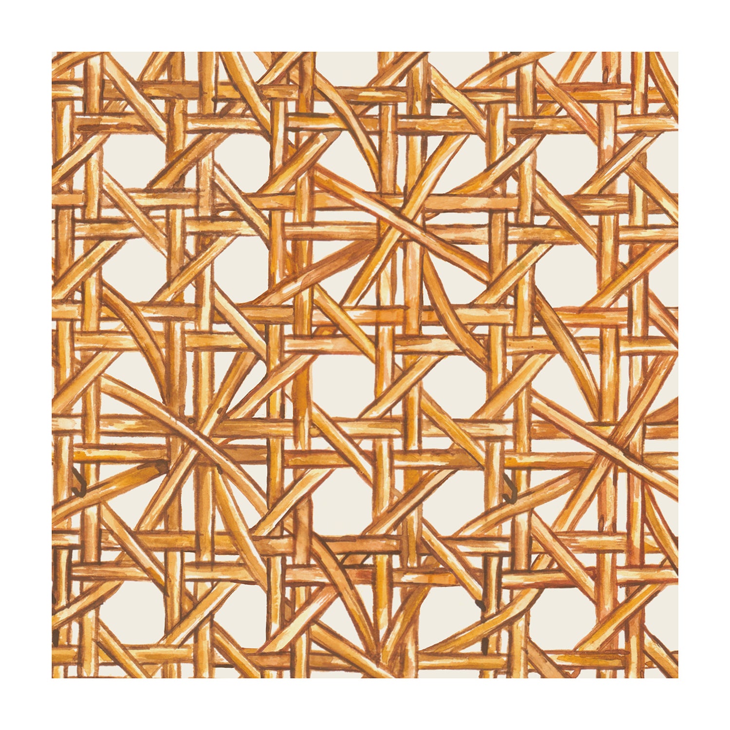 A square cocktail napkin featuring an illustrated pattern of tan rattan strands woven together intricately over a white background.