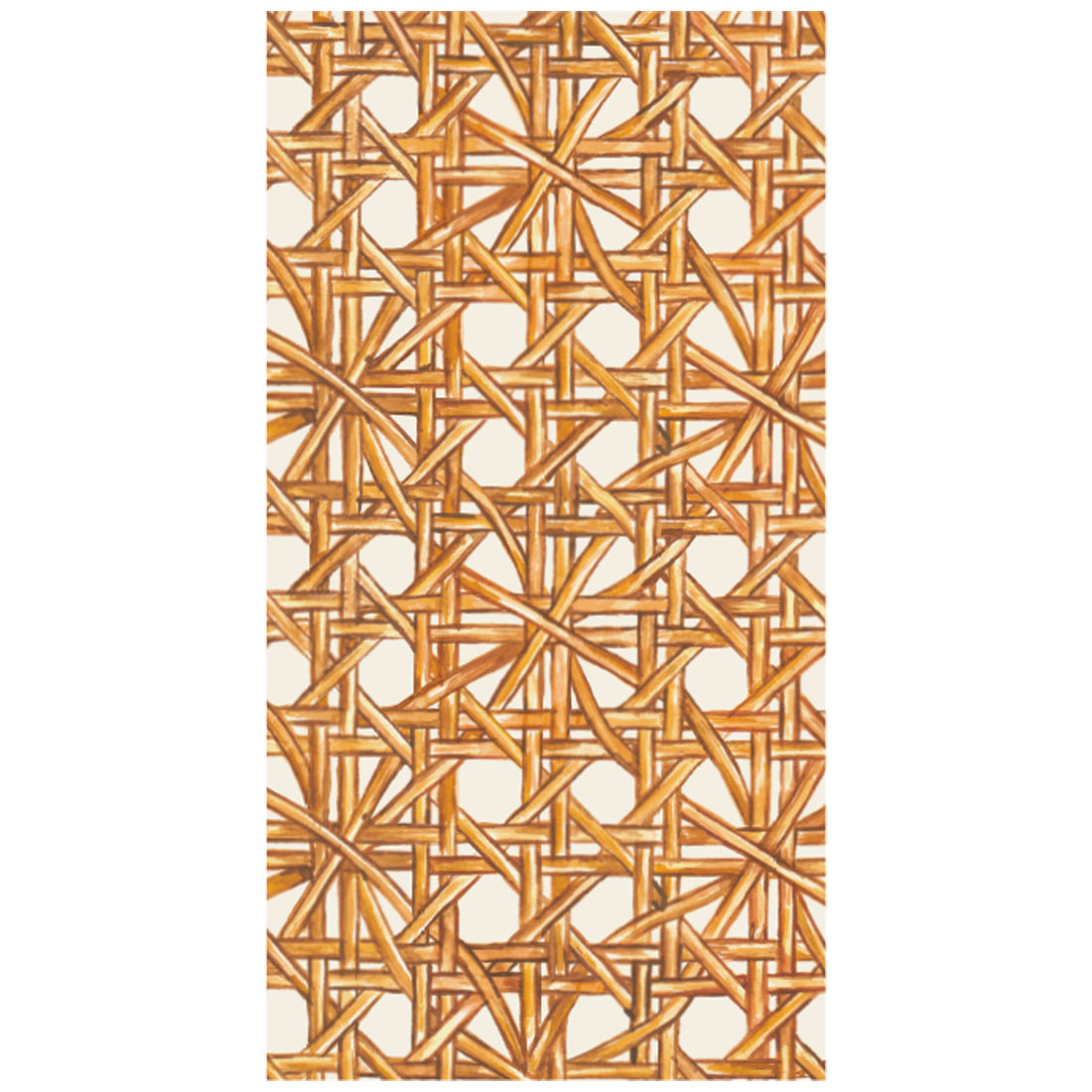 A rectangle guest napkin featuring an illustrated pattern of tan rattan strands woven together intricately over a white background.
