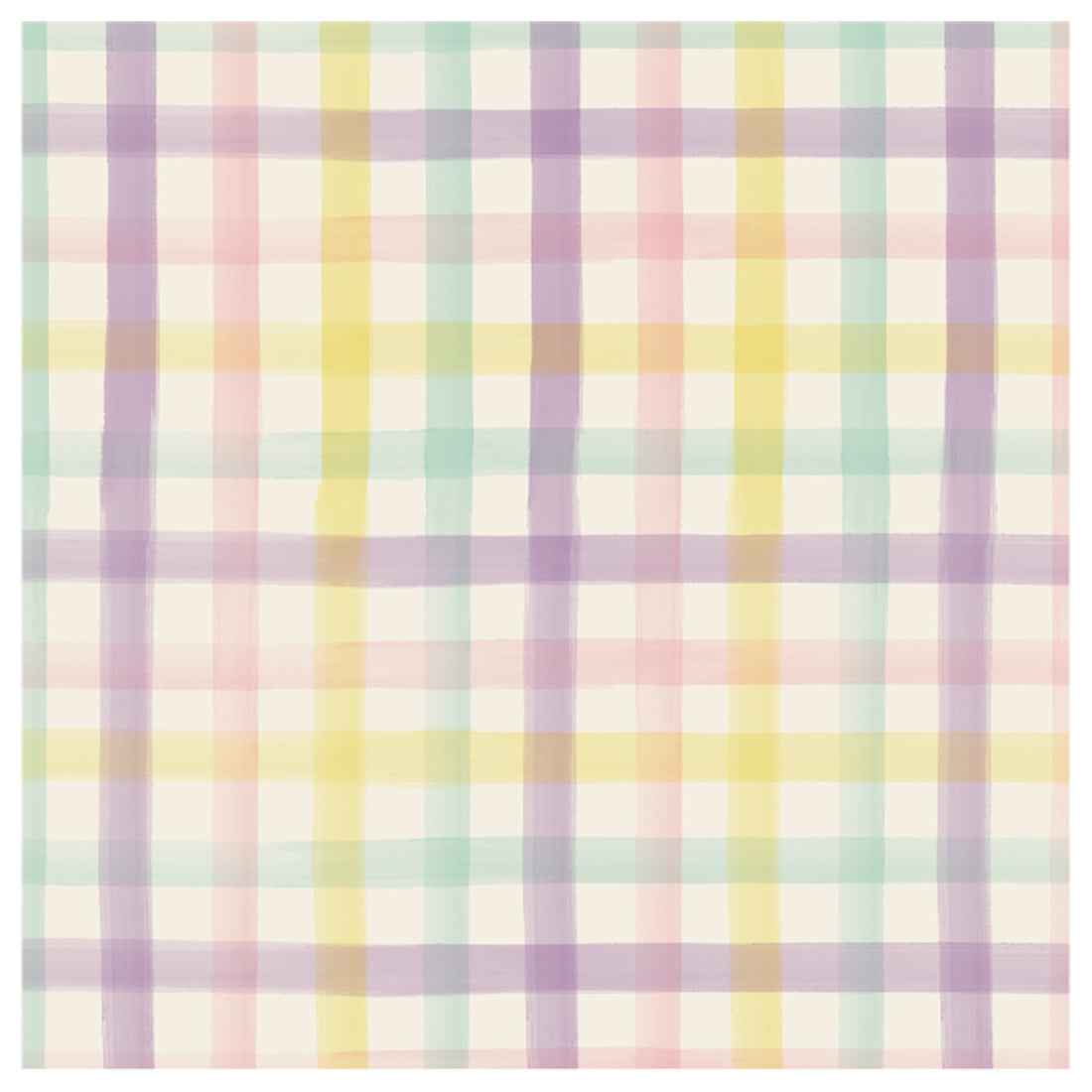 A square cocktail napkin featuring a pastel gingham grid in purple, yellow, seafoam and pink on a white background.