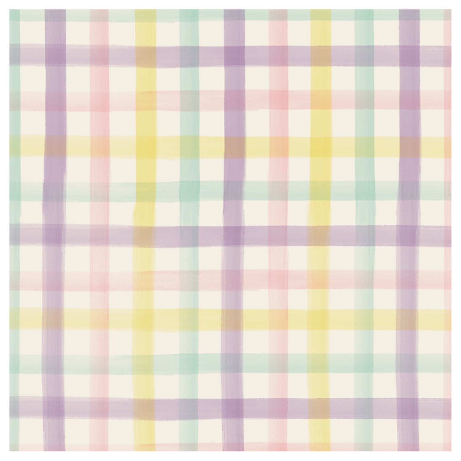 A square cocktail napkin featuring a pastel gingham grid in purple, yellow, seafoam and pink on a white background.