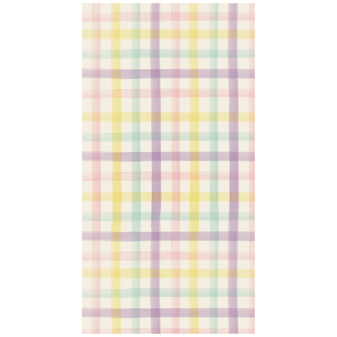 A rectangle guest napkin featuring a pastel gingham grid in purple, yellow, seafoam and pink on a white background.