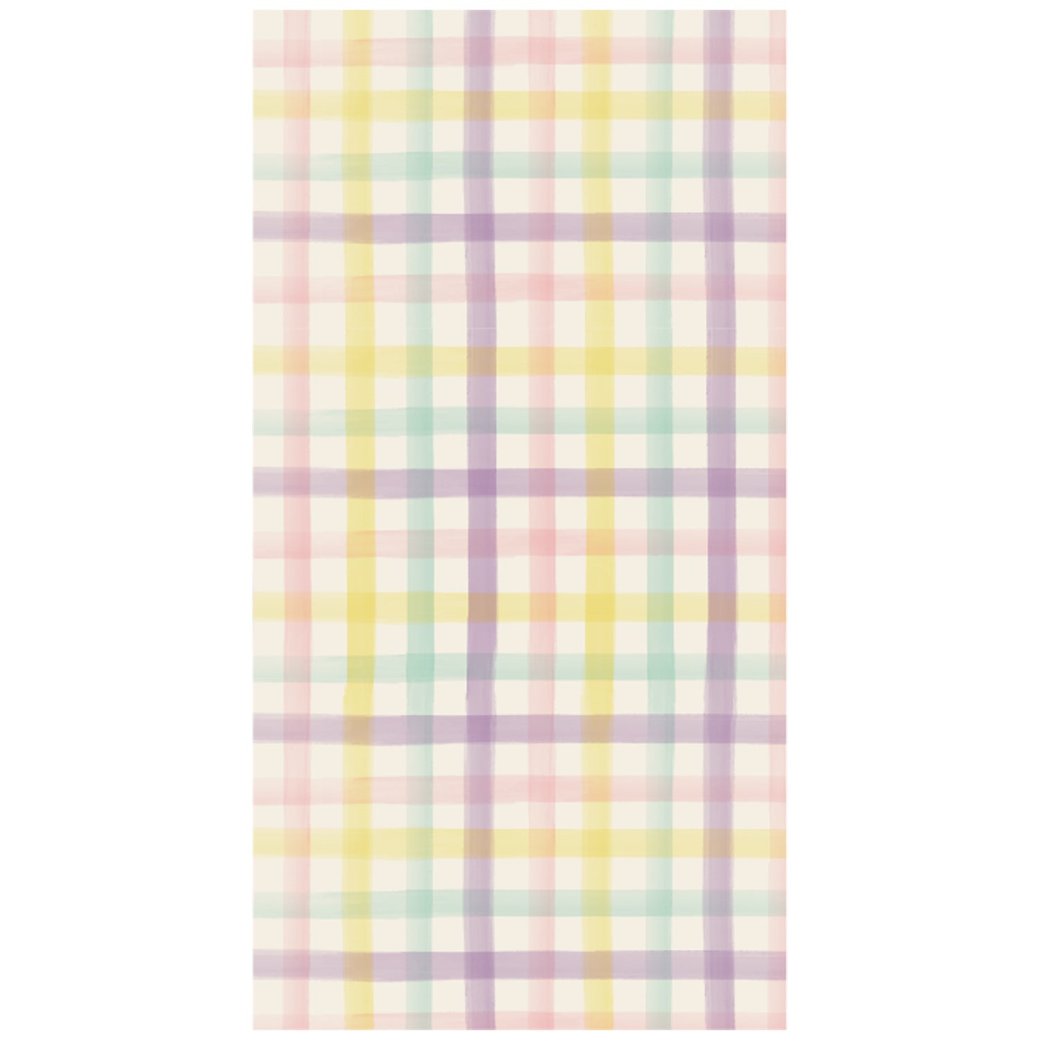 A rectangle guest napkin featuring a pastel gingham grid in purple, yellow, seafoam and pink on a white background.