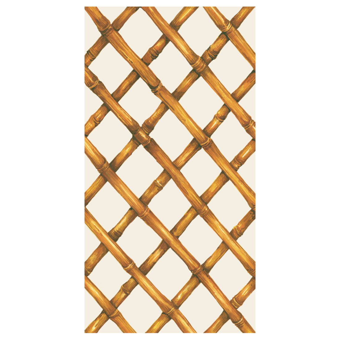 A diagonal woven bamboo pattern in tan on a white background, on a rectangle cocktail napkin.