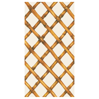 A diagonal woven bamboo pattern in tan on a white background, on a rectangle cocktail napkin.