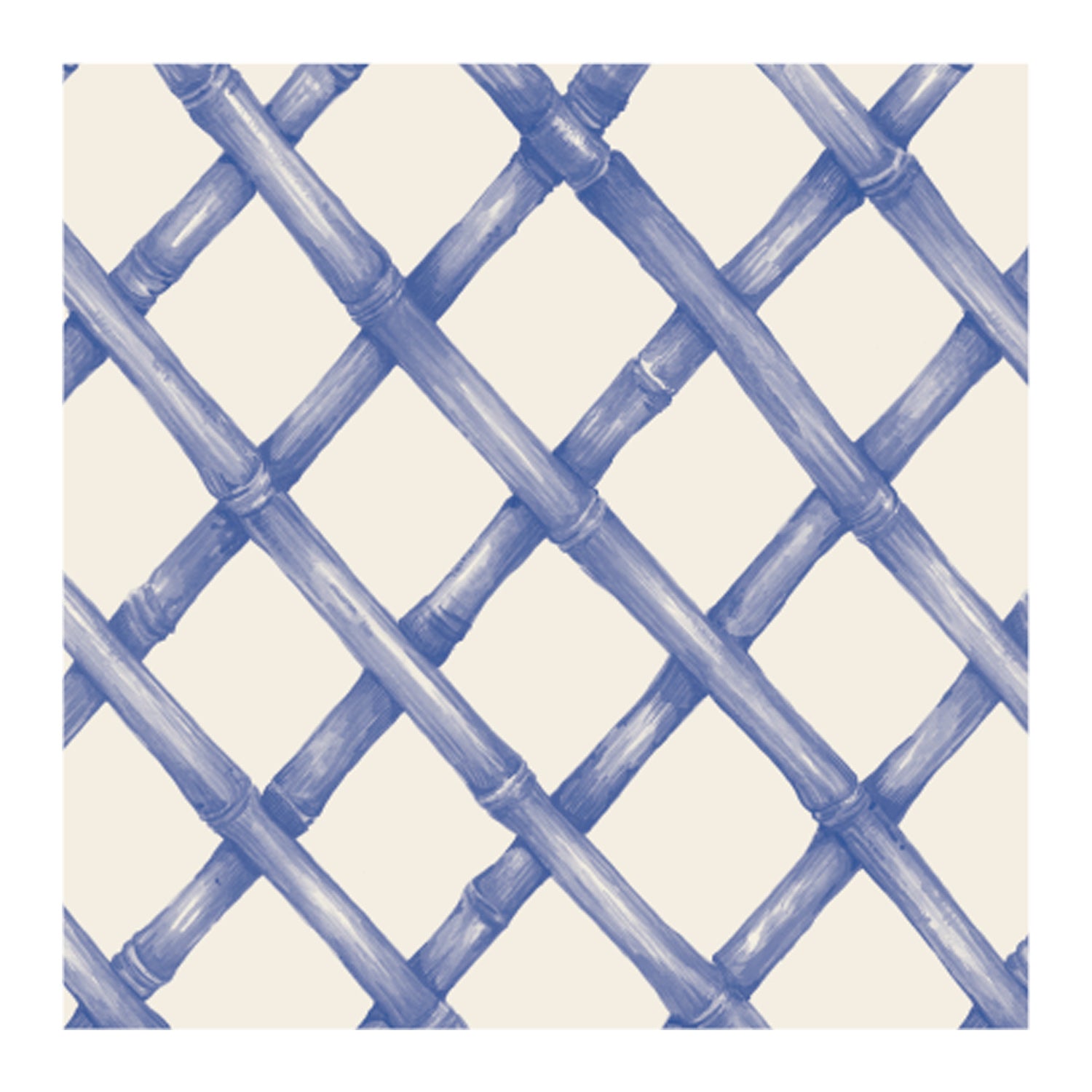 A diagonal woven bamboo pattern in monochrome blue on a white background, on a square cocktail napkin.
