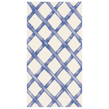A diagonal woven bamboo pattern in monochrome blue on a white background, on a rectangle guest napkin.