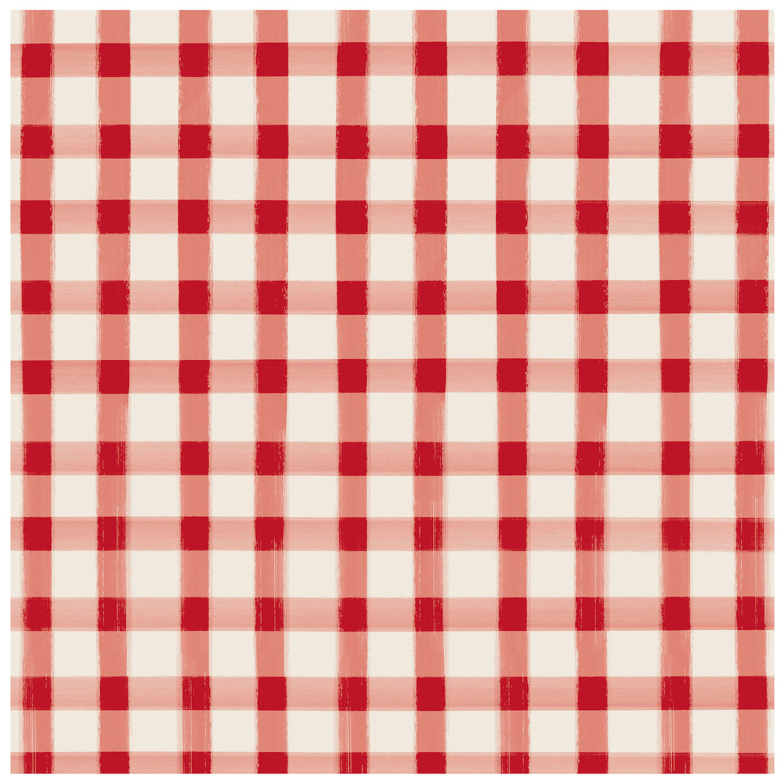 A square cocktail napkin featuring painted gingham grid check pattern made of light red lines intersecting at red squares, on a white background.