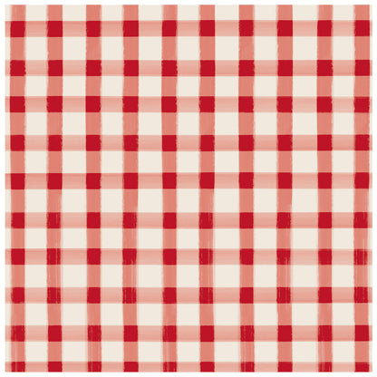 A square cocktail napkin featuring painted gingham grid check pattern made of light red lines intersecting at red squares, on a white background.