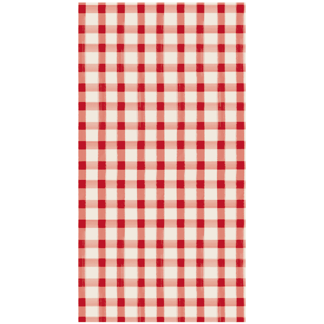 A rectangle guest napkin featuring painted gingham grid check pattern made of light red lines intersecting at red squares, on a white background.