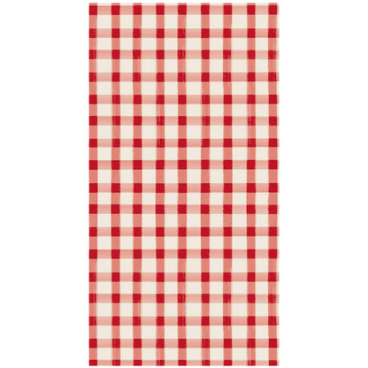 A rectangle guest napkin featuring painted gingham grid check pattern made of light red lines intersecting at red squares, on a white background.