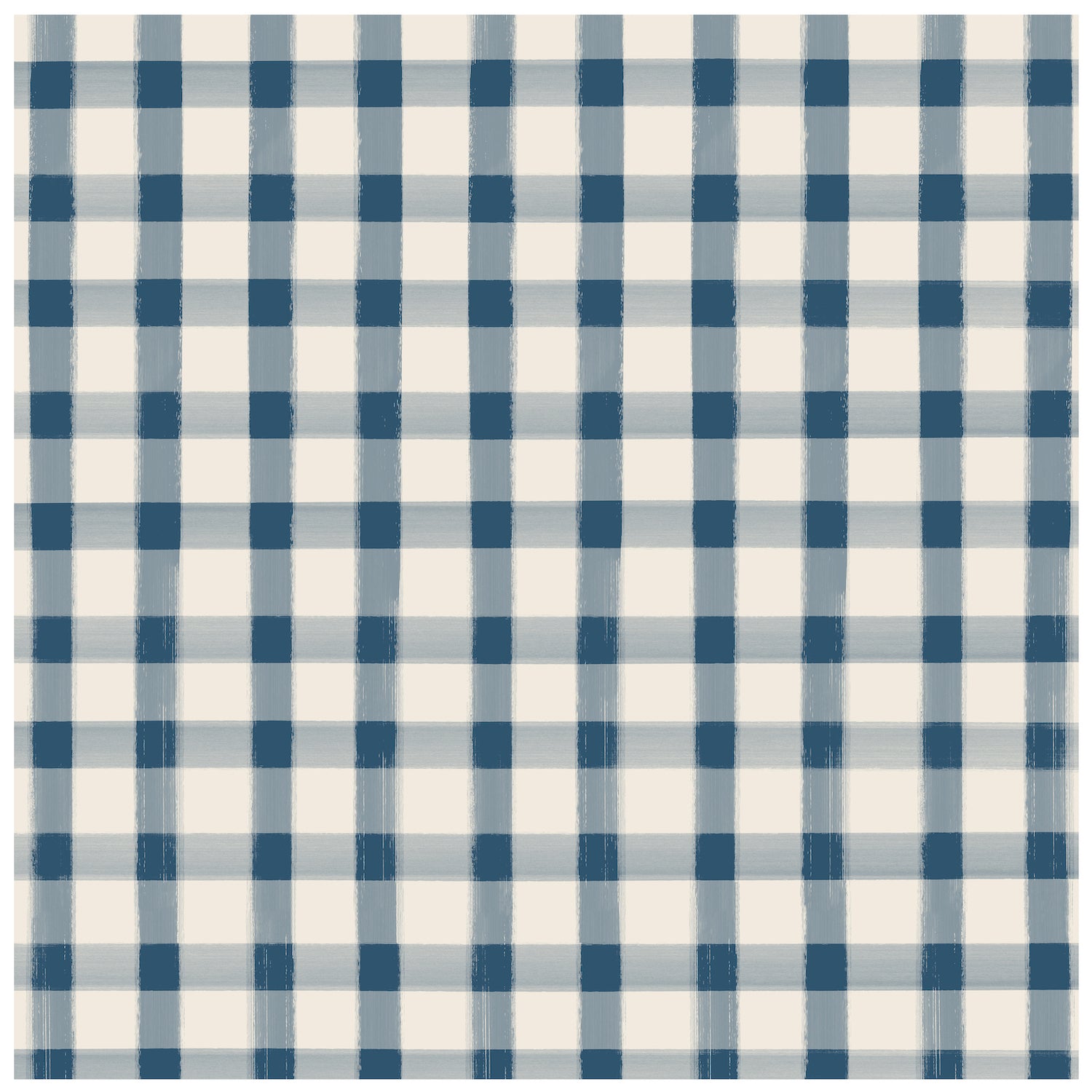 A square cocktail napkin featuring painted gingham grid check pattern made of light blue lines intersecting at blue squares, on a white background.