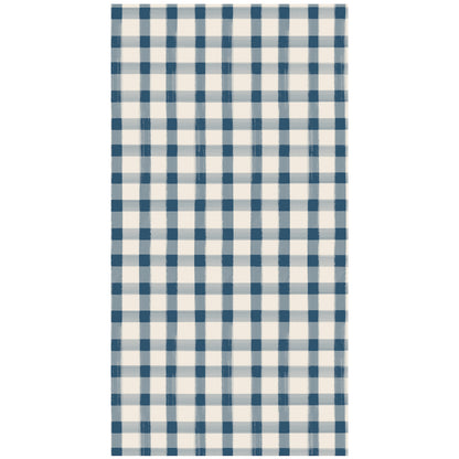 A rectangle guest napkin featuring painted gingham grid check pattern made of light blue lines intersecting at blue squares, on a white background.