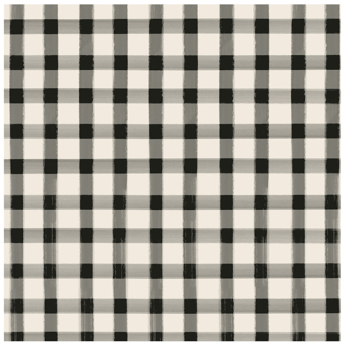 A square cocktail napkin featuring a painted gingham grid check pattern made of gray lines intersecting at black squares, on a white background.