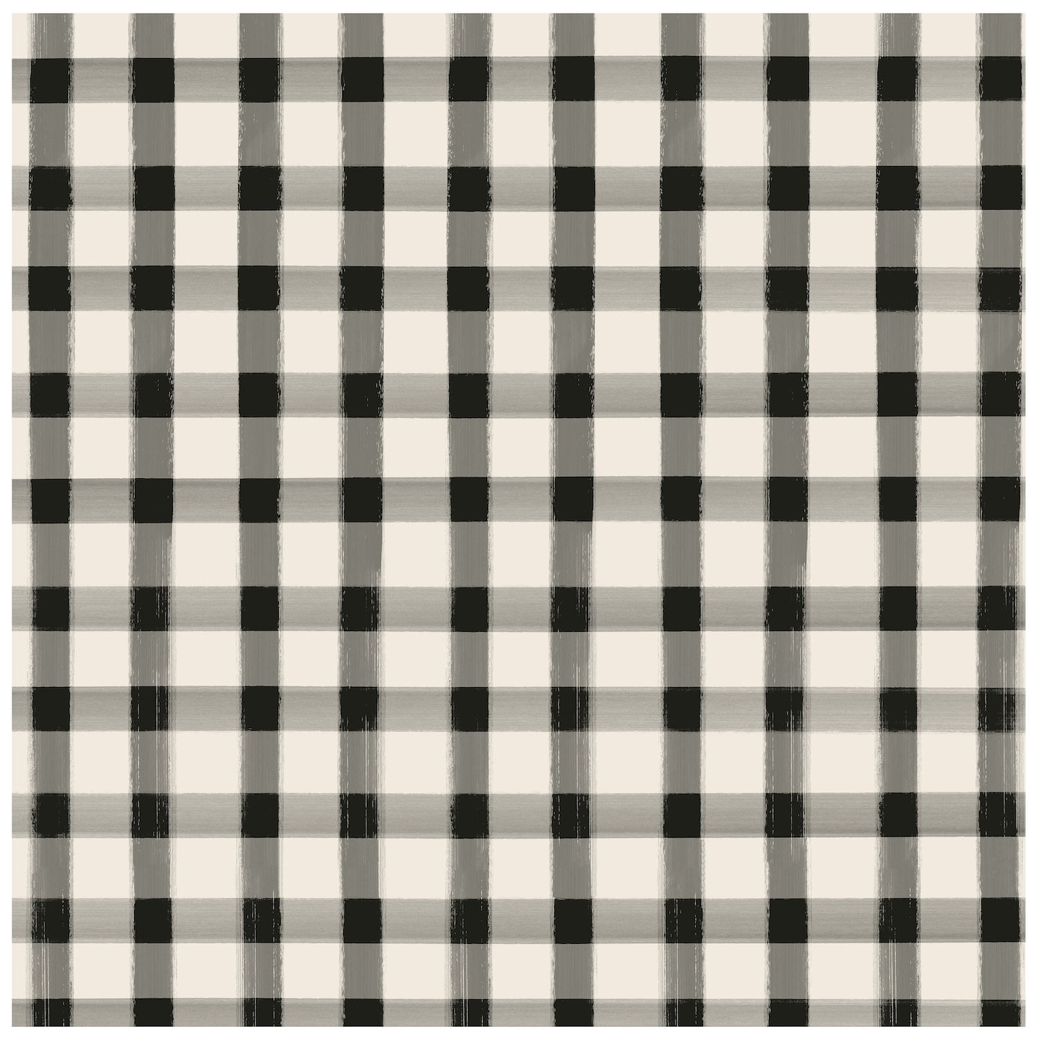 A square cocktail napkin featuring a painted gingham grid check pattern made of gray lines intersecting at black squares, on a white background.