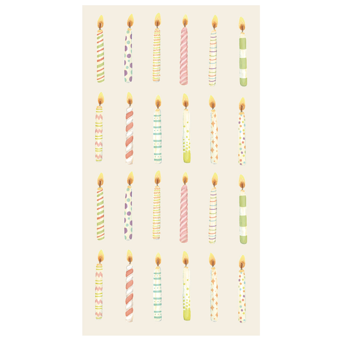 A rectangle, cream-colored guest napkin featuring twenty-four different colorful, lit birthday candles evenly spaced in four rows.