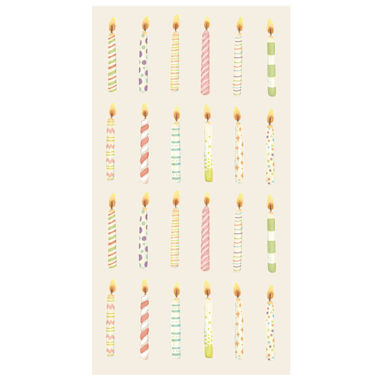 A rectangle, cream-colored guest napkin featuring twenty-four different colorful, lit birthday candles evenly spaced in four rows.