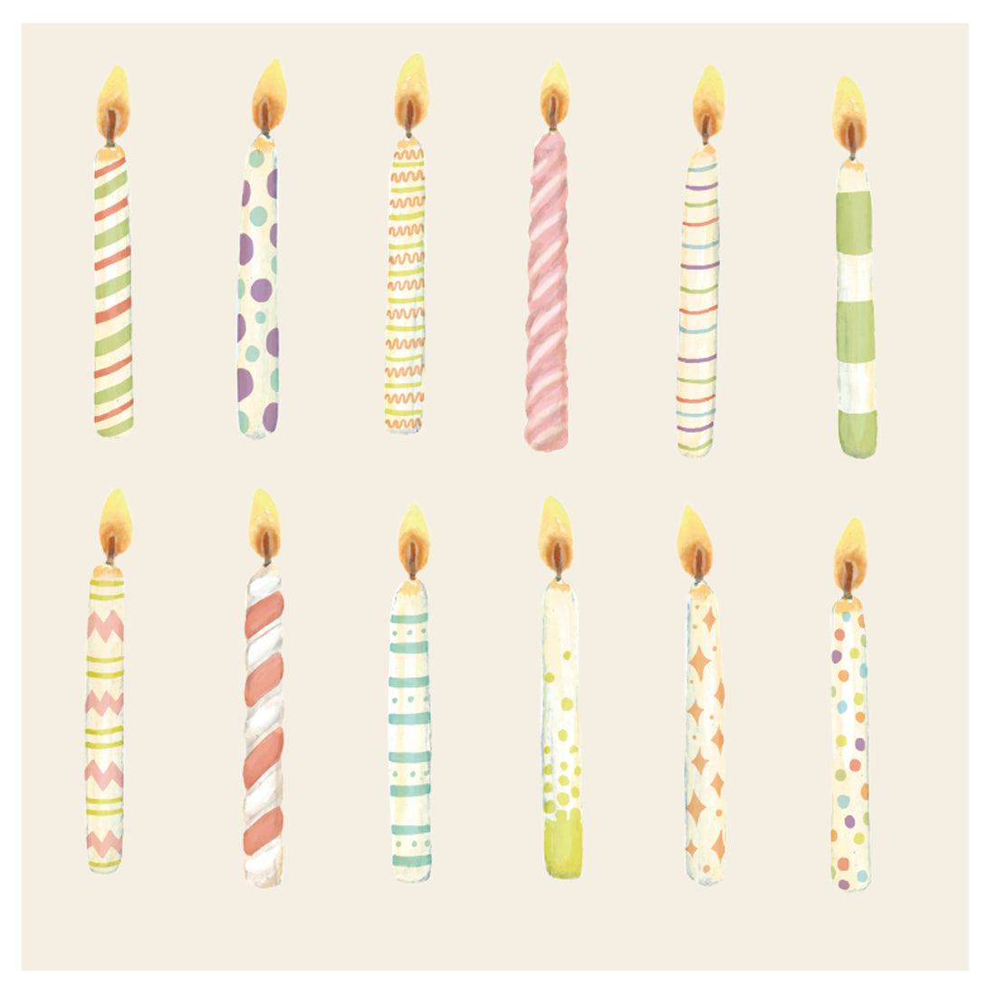 A square, cream-colored cocktail napkin featuring a dozen different colorful, lit birthday candles evenly spaced in two rows.