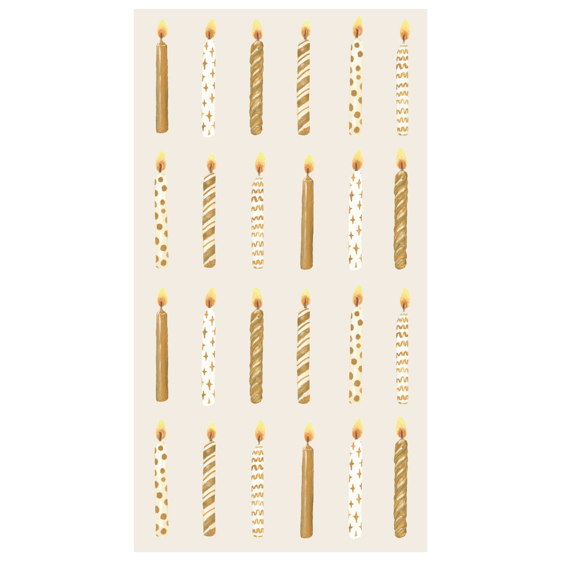 A rectangle, cream-colored guest napkin featuring twenty-four different gold and white lit birthday candles evenly spaced in four rows.