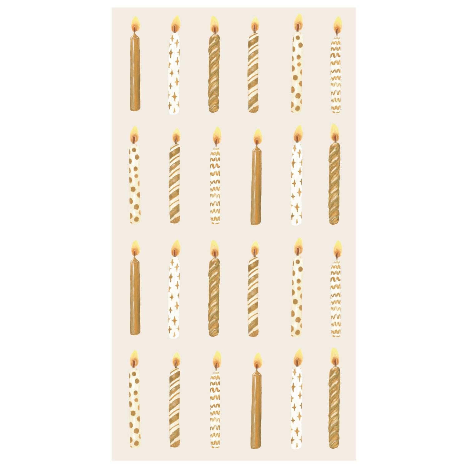 A rectangle, cream-colored guest napkin featuring twenty-four different gold and white lit birthday candles evenly spaced in four rows.