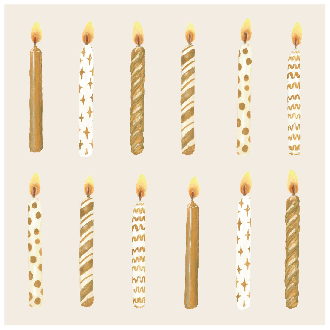 A square, cream-colored cocktail napkin featuring a dozen differently designed gold and white lit birthday candles evenly spaced in two rows.