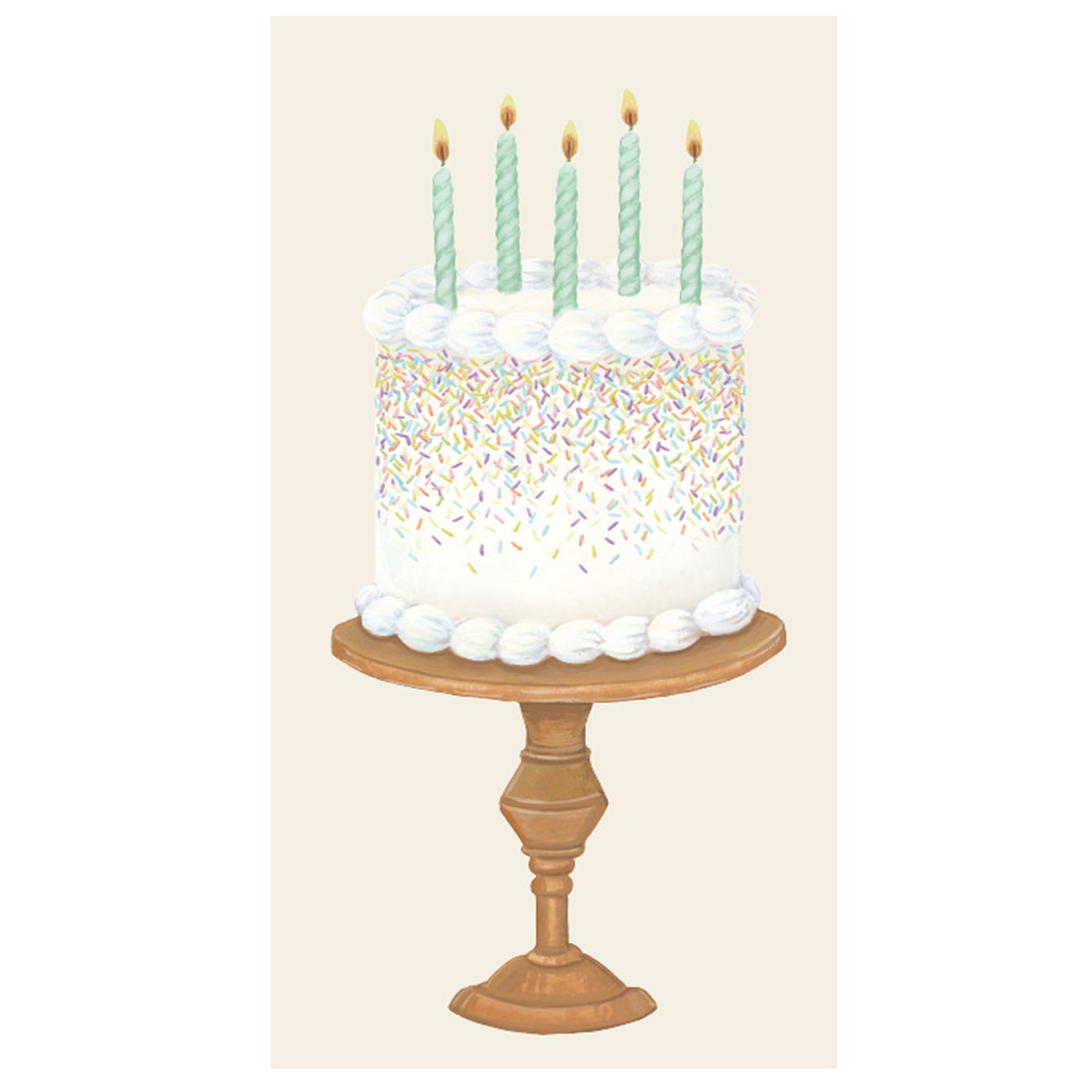 A rectangle, cream-colored guest napkin featuring a tall birthday cake on a brass cake stand, with colorful sprinkles and five lit candles.